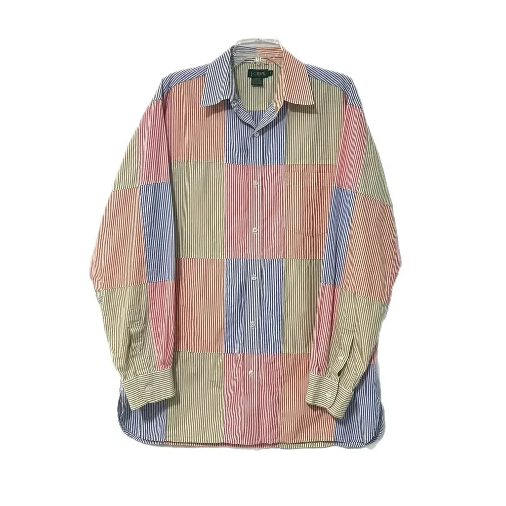 Vintage 90’s J.Crew Oarsman Tag Patchwork Button Up Shirt Mens L Tall Striped